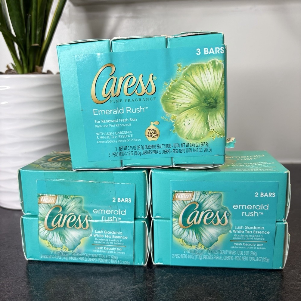 7- Caress Emerald Rush Lush Gardenia & White Tea Beauty Bar Soap‎ Full Size NEW